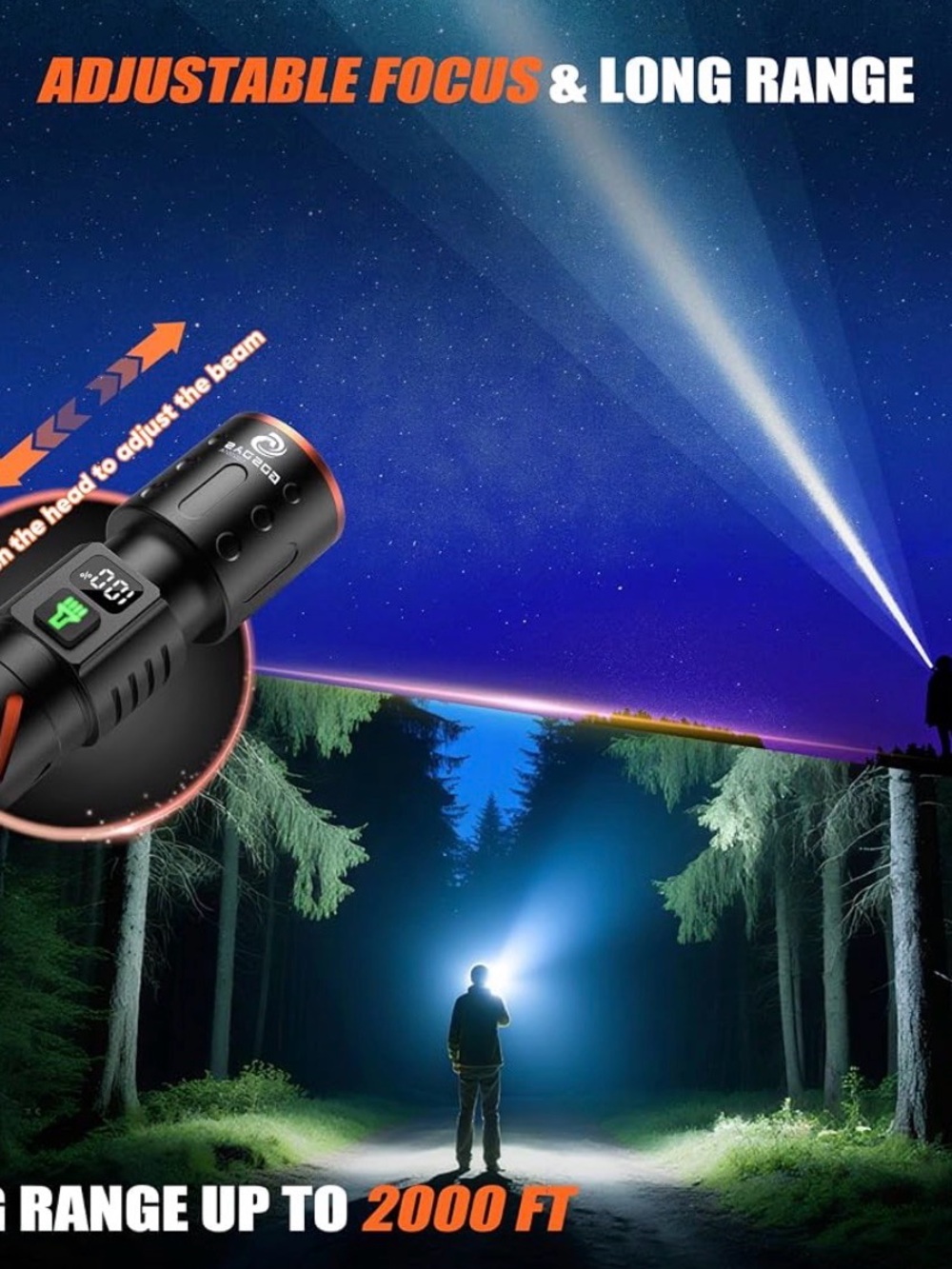 Compact Black Rechargeable LED Flashlight - Long Range Beam